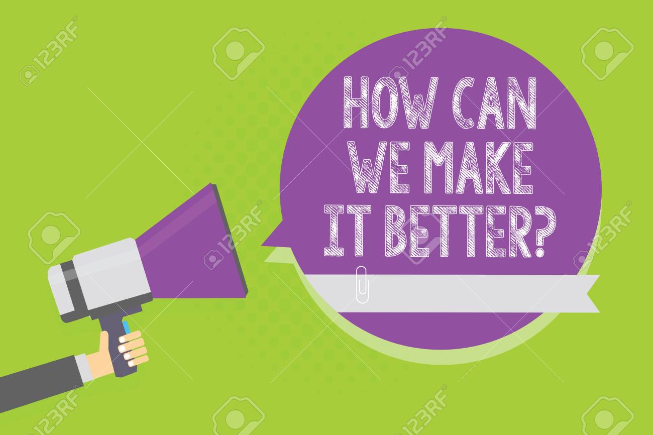 単語の書き込みテキストどのように我々はそれをより良い質問にすることができますか 製品の品質を向上させる方法を尋ねるビジネスコンセプト メガホン拡声器紫色のスピーチバブル緑の背景を持つ男 の写真素材 画像素材 Image