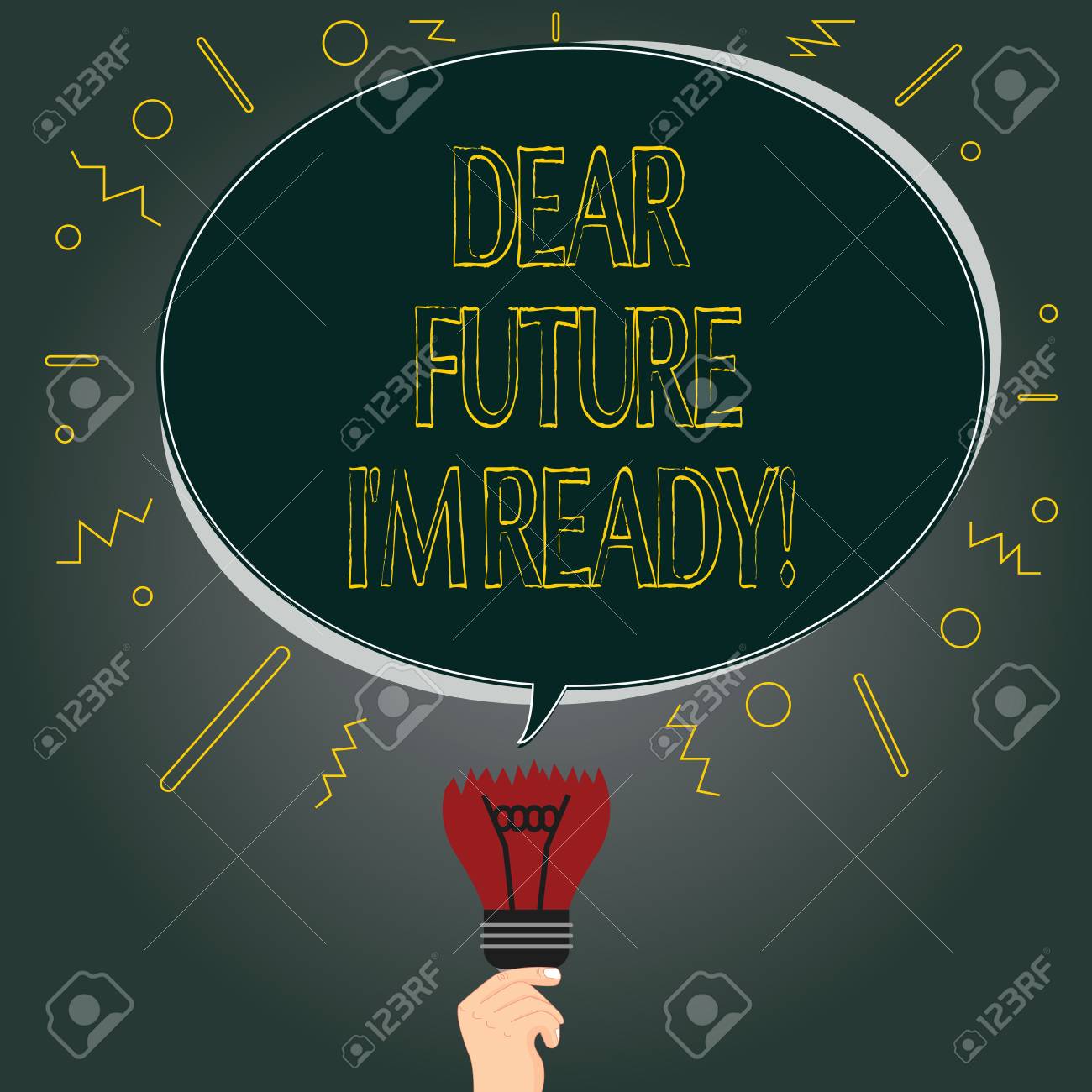 Handwriting Text Dear Future I M Ready Concept Meaning Be Prepared For Next Events And Success Be Motivated Blank Oval Color Speech Bubble Above A Broken Bulb With Failed Idea Icon Stock