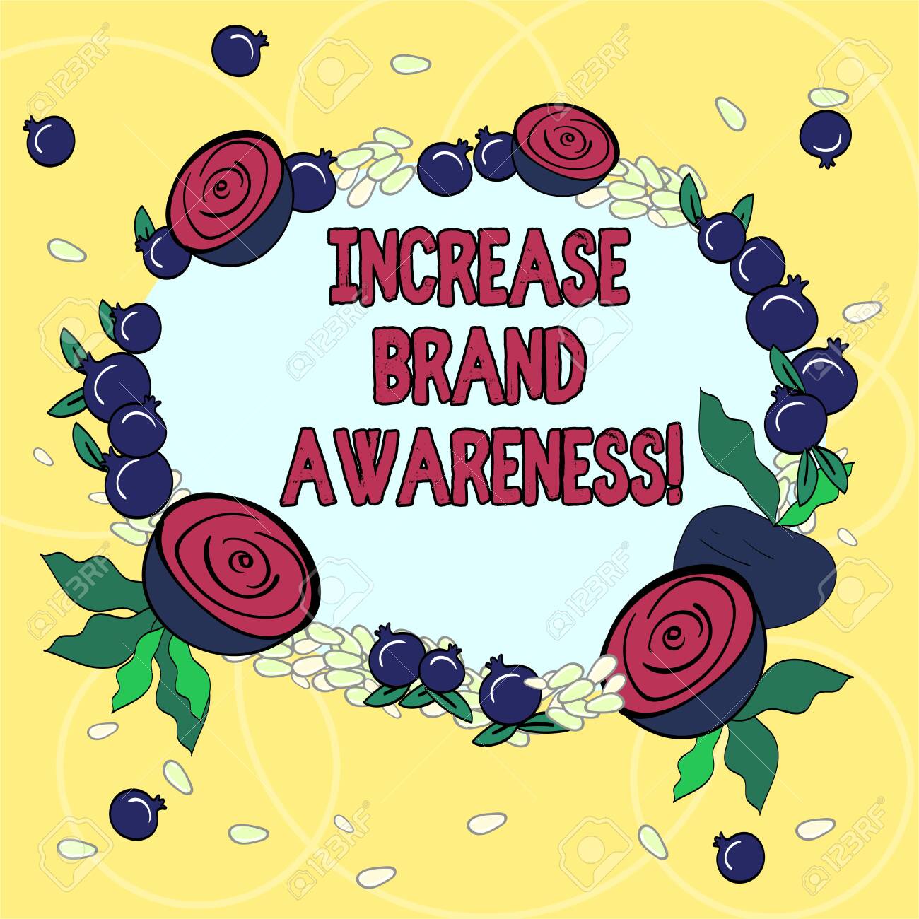 Handwriting Text Increase Brand Awareness Concept Meaning Get Influencers To Display Your Art Or Product Floral Wreath Made Of Tiny Seeds Small Glossy Pomegranate And Cut Beet Stock Photo Picture And Royalty