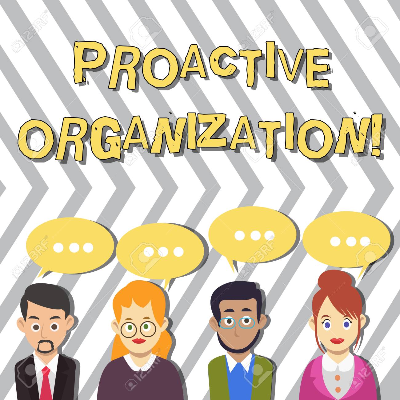 Conceptual Hand Writing Showing Proactive Organization Concept Meaning Action And Result Oriented Behavior Of A Company Group Of Business People With Speech Bubble With Three Dots Stock Photo Picture And Royalty Free