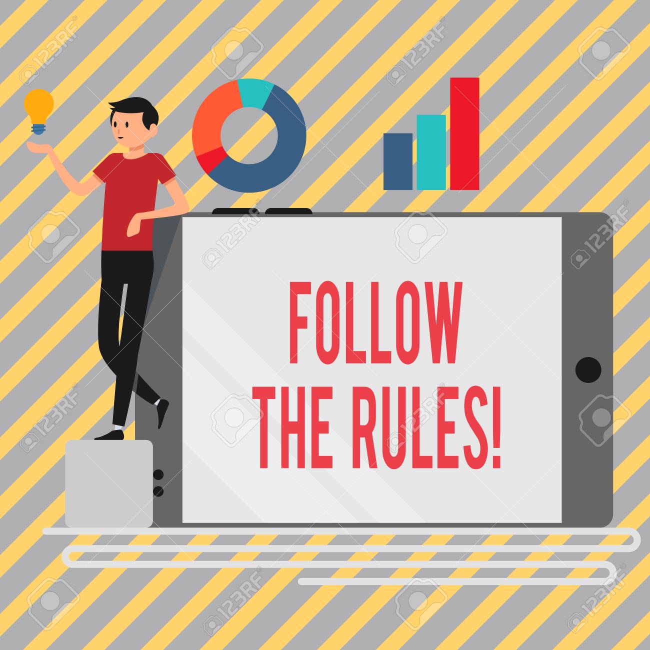 Writing Note Showing Follow The Rules Business Concept For Go With Regulations Governing Conduct Or Procedure Man Leaning On Smartphone Turned On Side Graph And Idea Icon Stock Photo Picture And Royalty