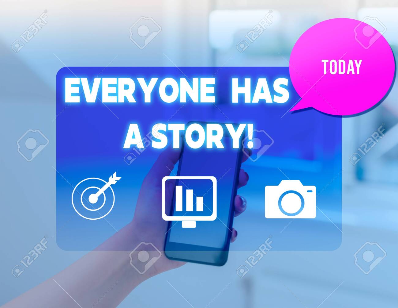 Conceptual Hand Writing Showing Everyone Has A Story Concept Meaning Account Of Past Events In Someones Life Or Career Woman Smartphone Speech Bubble Office Supplies Technology Stock Photo Picture And Royalty Free