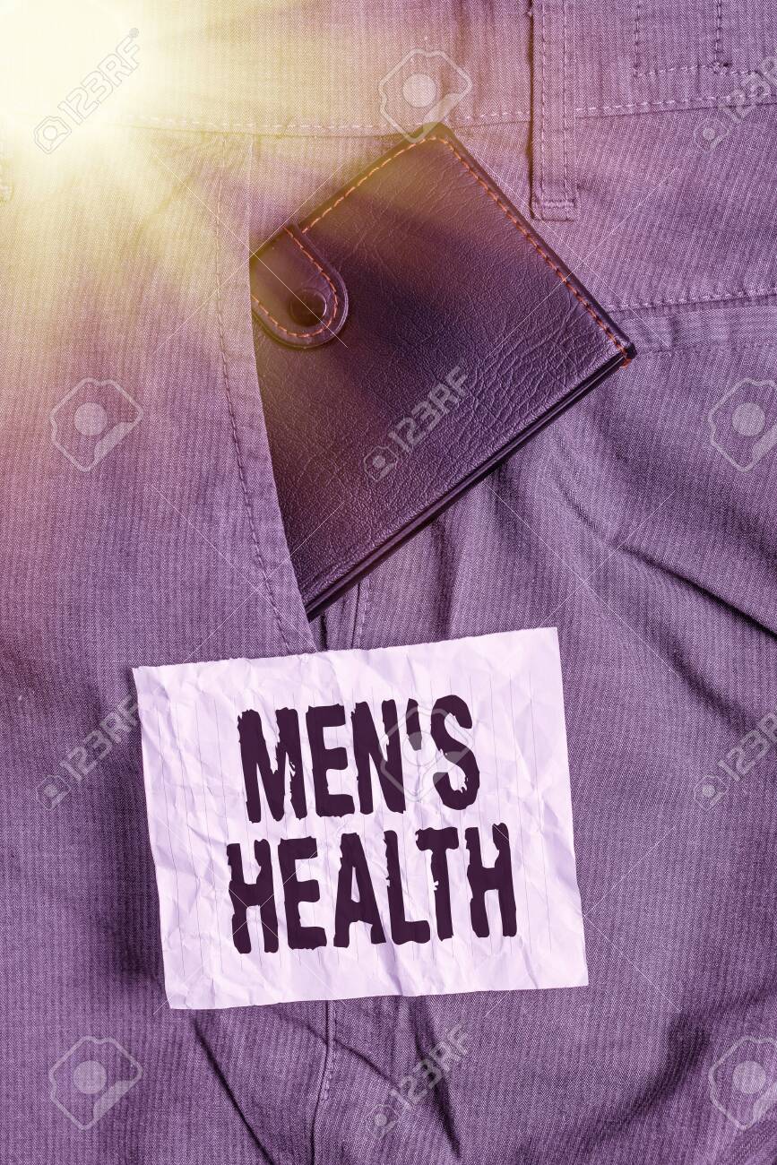 Text Sign Showing Mens Health Business Photo Showcasing State Of Complete Physical Mental And Social Well Being By Man Small Little Wallet Inside Man Trousers Front Pocket Near Notation Paper Stock Photo