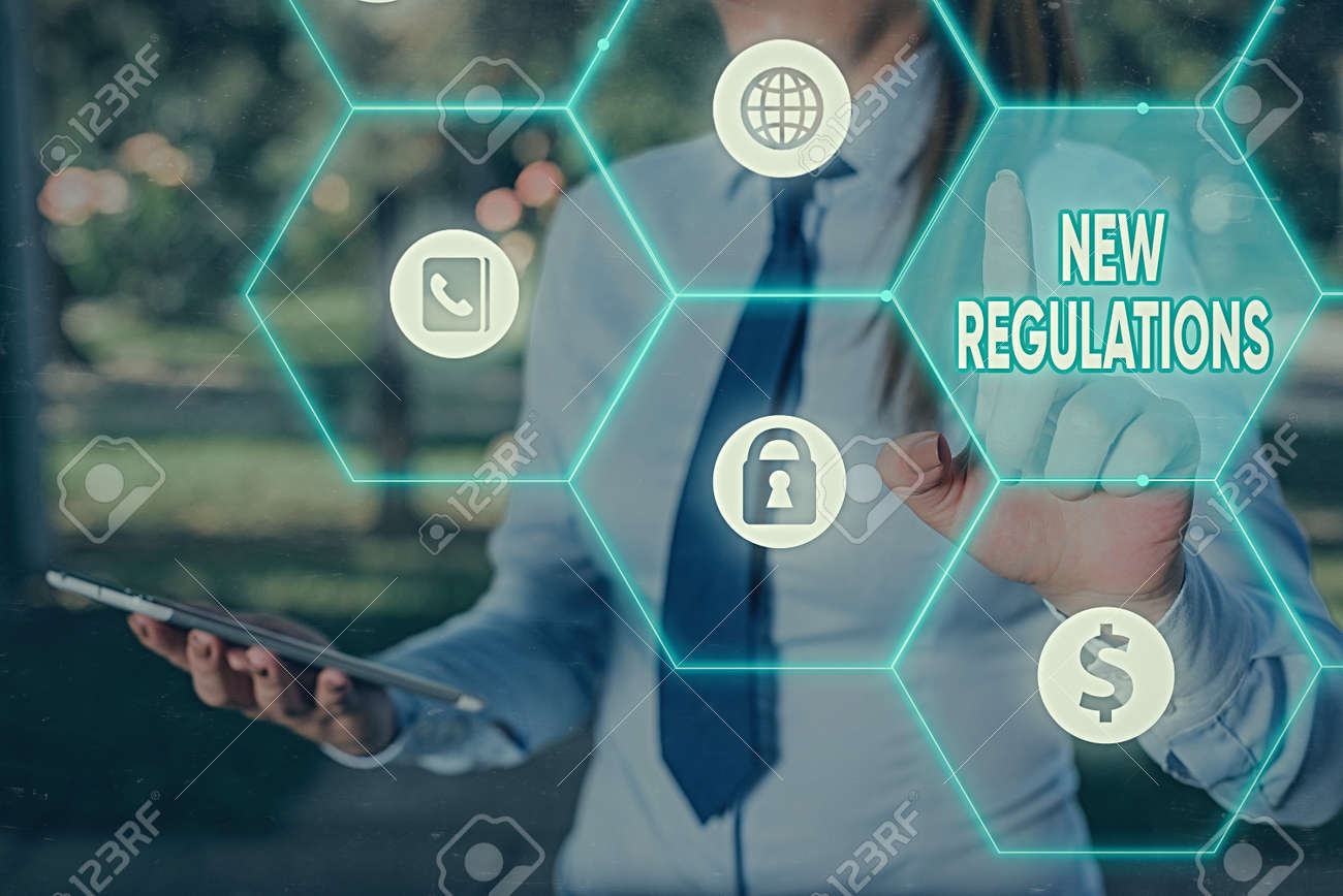 Text sign showing New Regulations. Business photo text Regulation controlling the activity usually used by rules. - 146410032 Text sign showing New Regulations. Business photo text Regulation controlling the activity usually used by rules. - 146410032