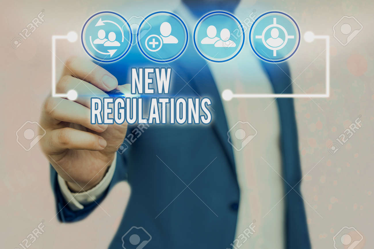 Text sign showing New Regulations. Business photo text Regulation controlling the activity usually used by rules. - 146483671 Text sign showing New Regulations. Business photo text Regulation controlling the activity usually used by rules. - 146483671
