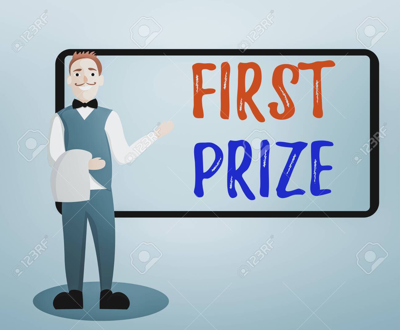 Conceptual Hand Writing Showing First Prize Concept Meaning Most Coveted Prize That Is Only Offered To The Overall Winner Male Waiter Standing In Uniform Hand Presenting Menu Board Stock Photo Picture And