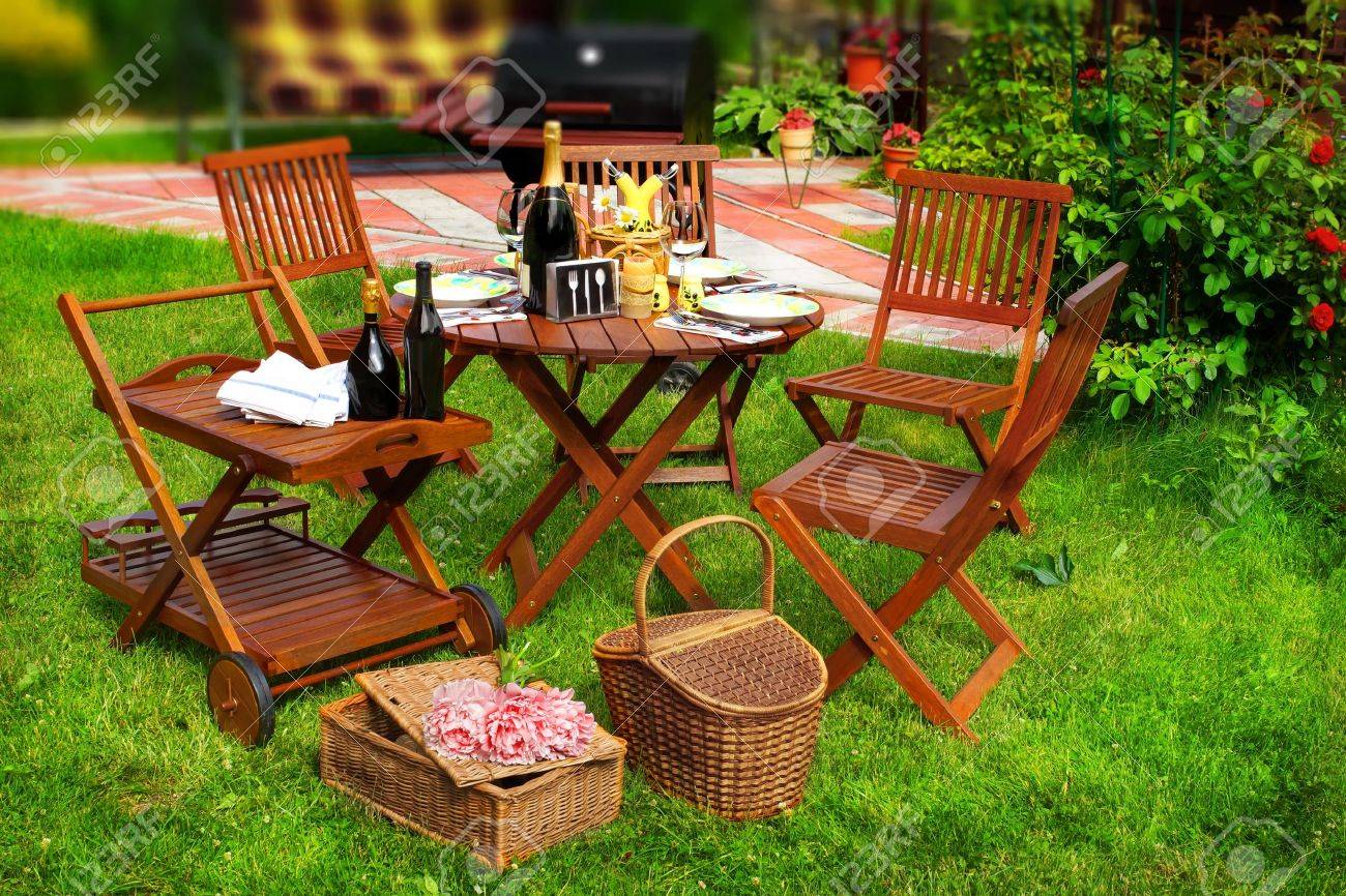 Summer Party Or Picnic Scene Outdoor Furniture On The Lawn Stock Photo Picture And Royalty Free Image Image 30060859