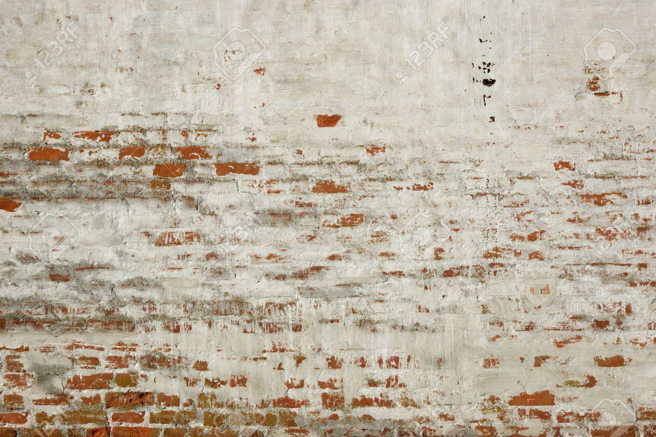 White Red Old Brick Painted Wall With Damaged Plaster Background White Red Old Brick Painted Wall With Damaged Plaster Background
