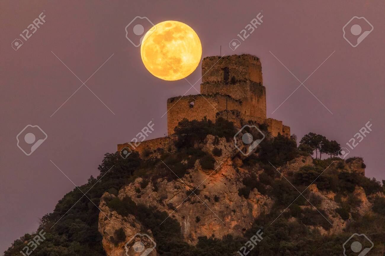 Full Moon Over Ocio Castle In Alava Stock Photo Picture And Royalty Free Image Image