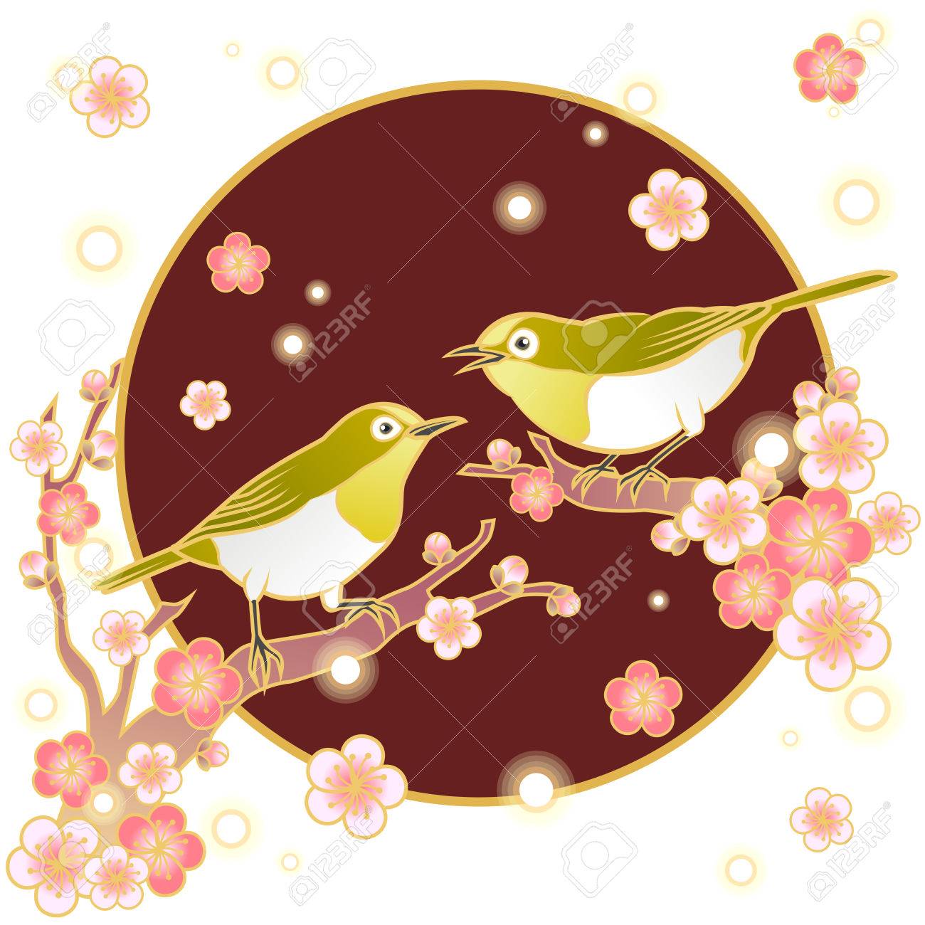 鳥と梅の水彩画 梅 絵画