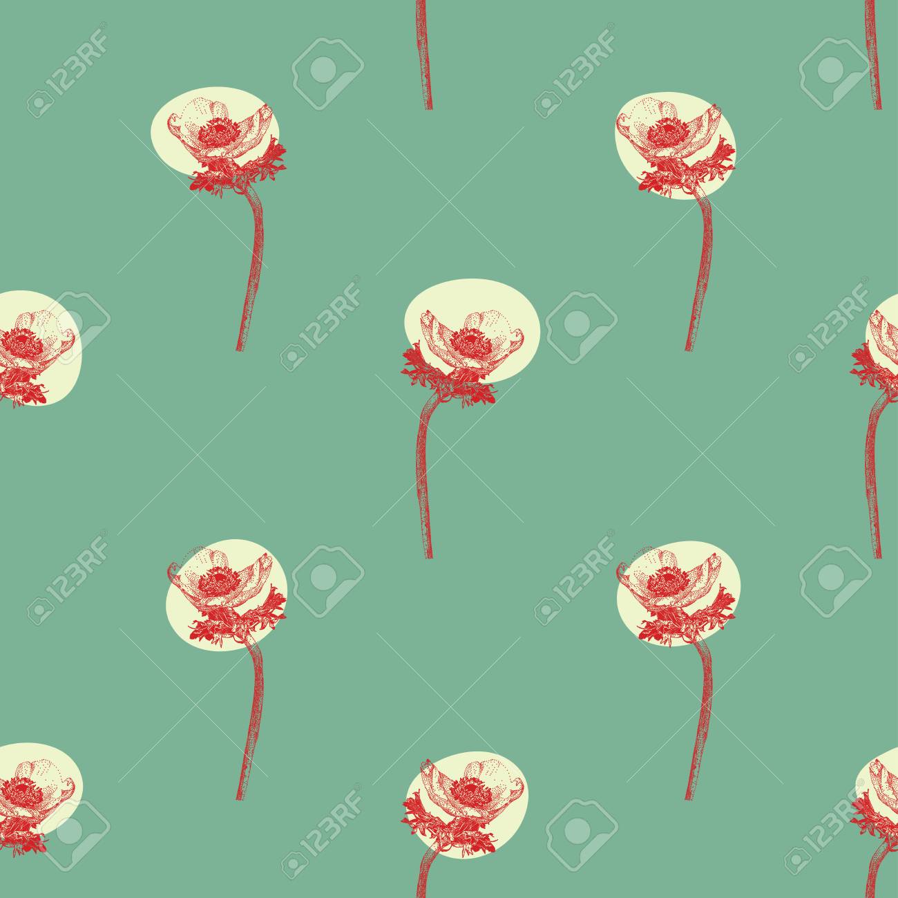 緑色の背景に隔離されたアネモンの花とベクトルシームレスなパターン