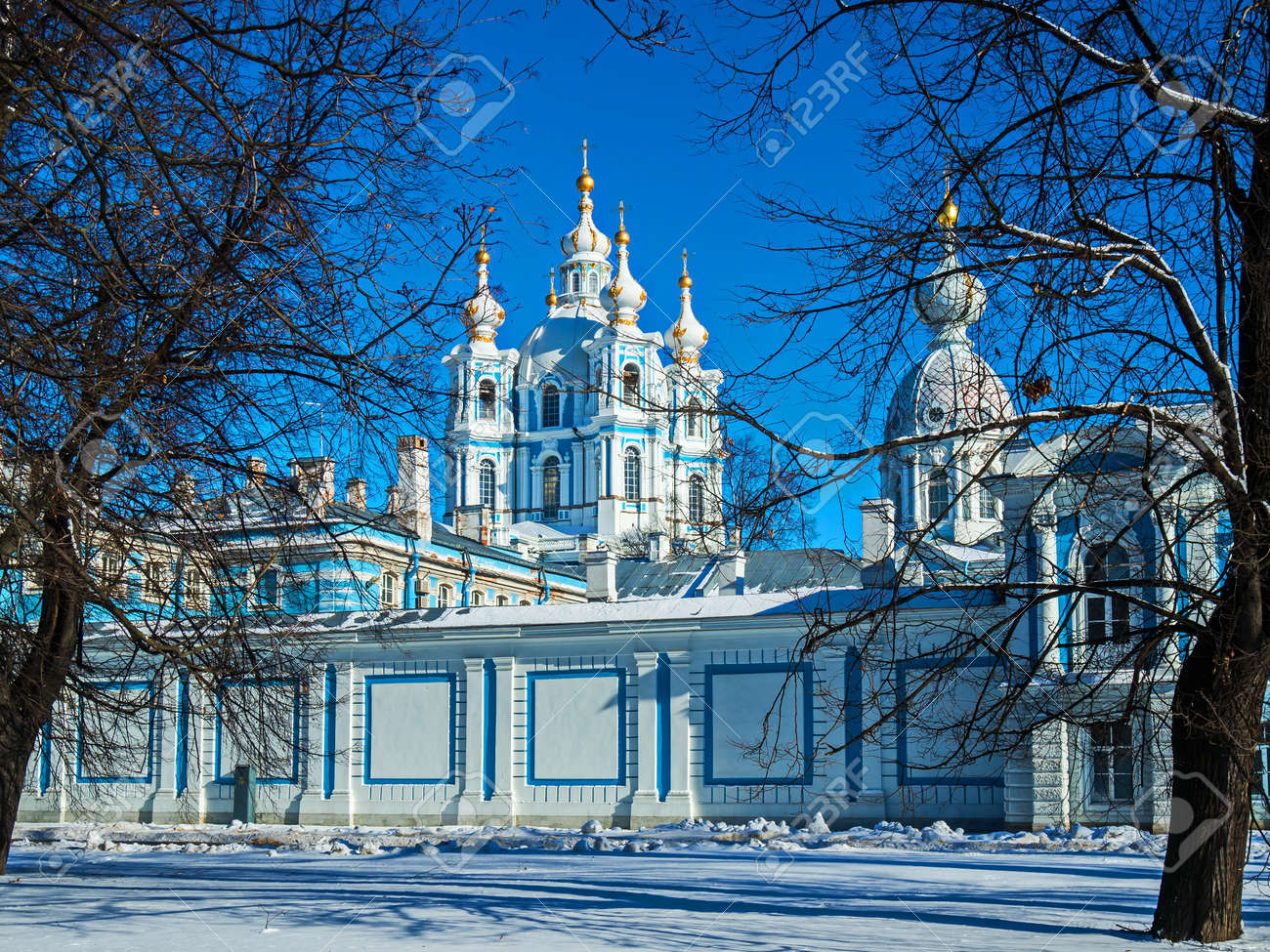 White Baroque lace on the blue facades of Rastrelli. Smolny Cathedral in St. Petersburg. - 118780686 White Baroque lace on the blue facades of Rastrelli. Smolny Cathedral in St. Petersburg. - 118780686