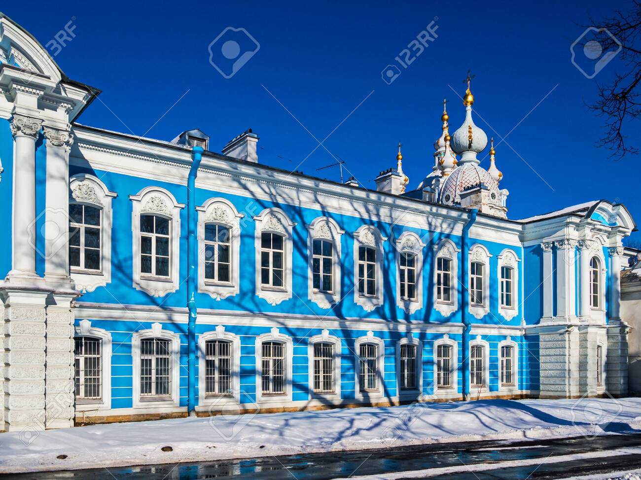 White Baroque lace on the blue facades of Rastrelli. Smolny Cathedral in St. Petersburg. - 118781990 White Baroque lace on the blue facades of Rastrelli. Smolny Cathedral in St. Petersburg. - 118781990