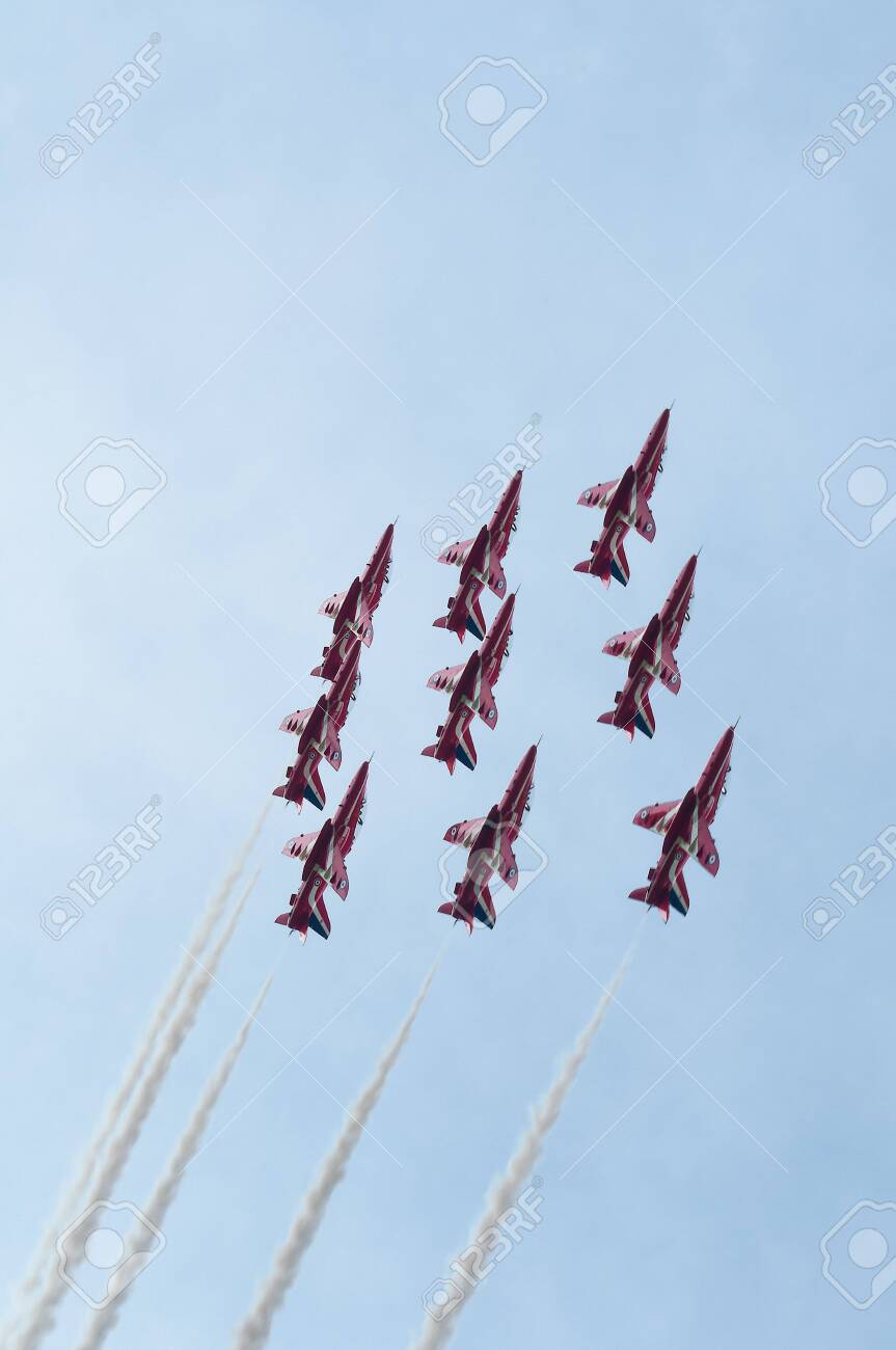 Maribor, Slovenia - June 3 2011: Red Arrows Aerobatic Display Team performing at public airshow in Maribor. The Red Arrows are the official display team of Royal Air Force. Free admittance to show. - 137008556 Maribor, Slovenia - June 3 2011: Red Arrows Aerobatic Display Team performing at public airshow in Maribor. The Red Arrows are the official display team of Royal Air Force. Free admittance to show. - 137008556