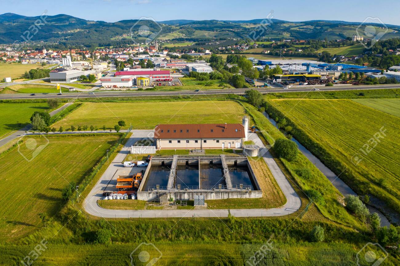 Slovenska Bistrica, Slovenia - June 9 2019: Aerial view of wastewater and sewage treatment plant in the outskirts of Slovenska Bistrica. - 137009825 Slovenska Bistrica, Slovenia - June 9 2019: Aerial view of wastewater and sewage treatment plant in the outskirts of Slovenska Bistrica. - 137009825