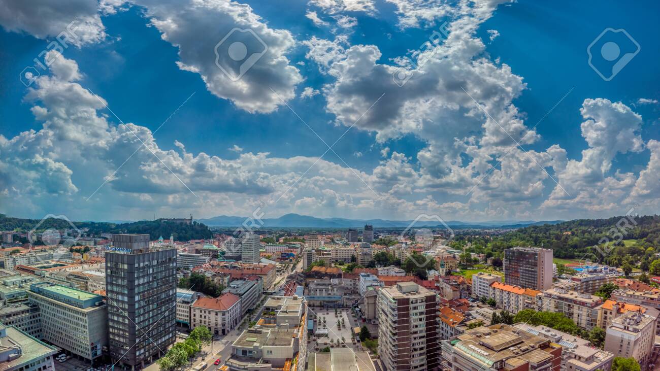 Ljubljana, Slovenia - June 20 2019: Panoramic view of Slovenia capital from the terrace of the Intercontinental hotel - 137009828 Ljubljana, Slovenia - June 20 2019: Panoramic view of Slovenia capital from the terrace of the Intercontinental hotel - 137009828