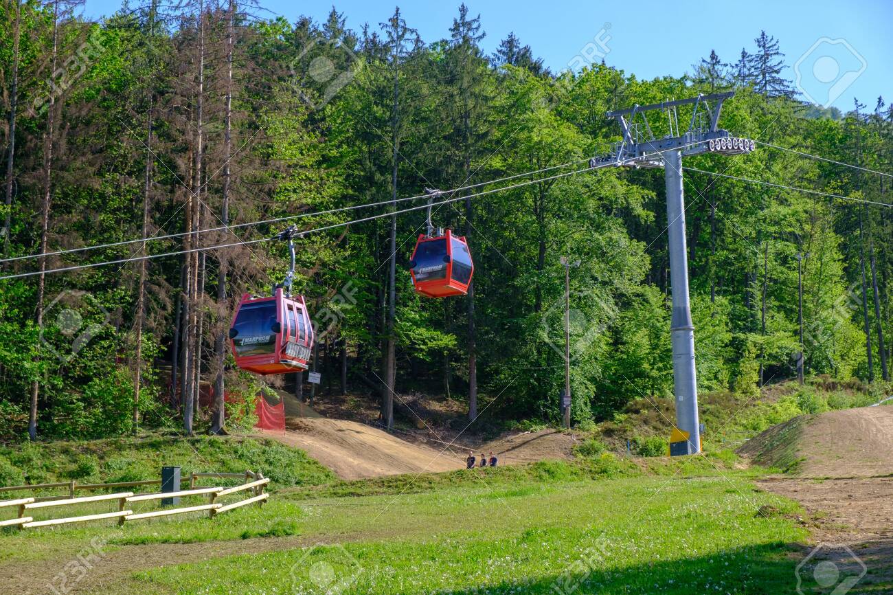 Maribor, Slovenia - May 2, 2019: Pohorska vzpenjaca cable car at lower station in Maribor, Slovenia, a popular destination for hiking and downhill mountain biking - 137009930 Maribor, Slovenia - May 2, 2019: Pohorska vzpenjaca cable car at lower station in Maribor, Slovenia, a popular destination for hiking and downhill mountain biking - 137009930