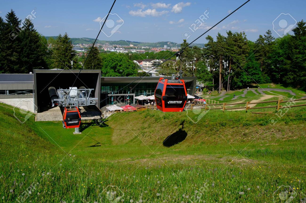 Maribor, Slovenia - May 2, 2019: Pohorska vzpenjaca cable car at lower station in Maribor, Slovenia, a popular destination for hiking and downhill mountain biking - 137009931 Maribor, Slovenia - May 2, 2019: Pohorska vzpenjaca cable car at lower station in Maribor, Slovenia, a popular destination for hiking and downhill mountain biking - 137009931