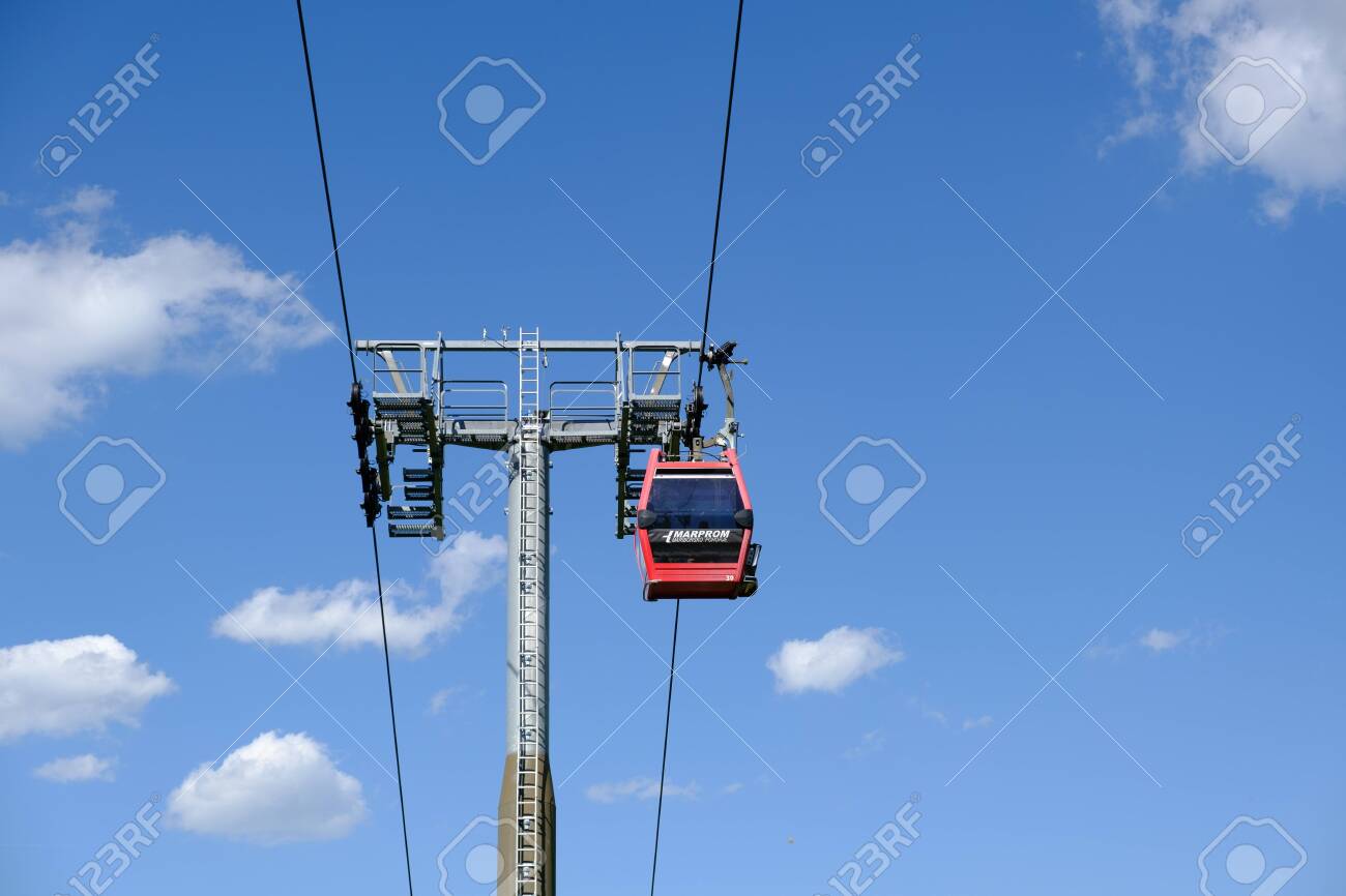 Maribor, Slovenia - May 2 2019: Red cabins of the Pohorska vzpenjaca cable car in Maribor, Slovenia connect the top of Pohorje mountain with the city - 137010528 Maribor, Slovenia - May 2 2019: Red cabins of the Pohorska vzpenjaca cable car in Maribor, Slovenia connect the top of Pohorje mountain with the city - 137010528