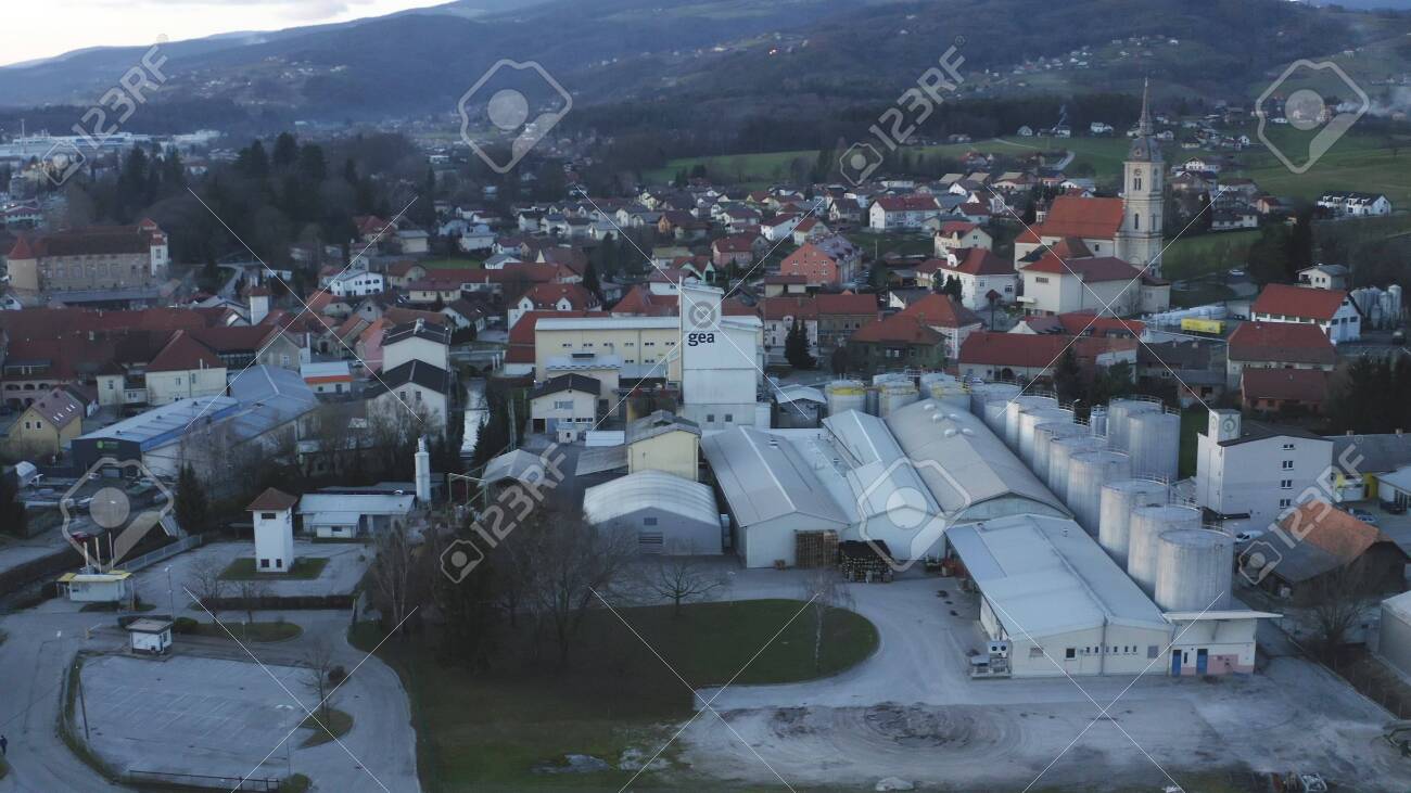 Slovenska Bistrica, Slovenia - Dec 25 2019: Aerial view of Gea Oil Mill in Slovenska Bistrica, Slovenia - 137012202 Slovenska Bistrica, Slovenia - Dec 25 2019: Aerial view of Gea Oil Mill in Slovenska Bistrica, Slovenia - 137012202