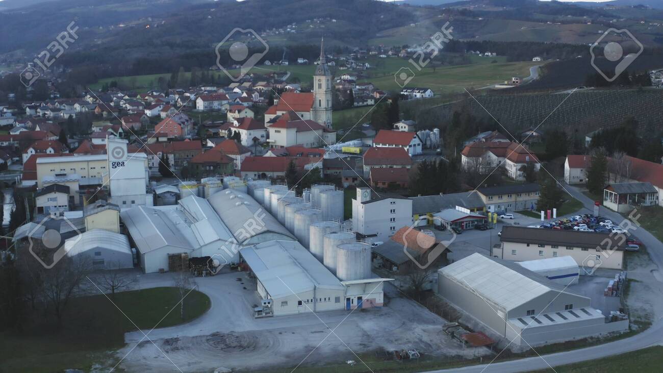 Slovenska Bistrica, Slovenia - Dec 25 2019: Aerial view of Gea Oil Mill in Slovenska Bistrica, Slovenia - 137012203 Slovenska Bistrica, Slovenia - Dec 25 2019: Aerial view of Gea Oil Mill in Slovenska Bistrica, Slovenia - 137012203