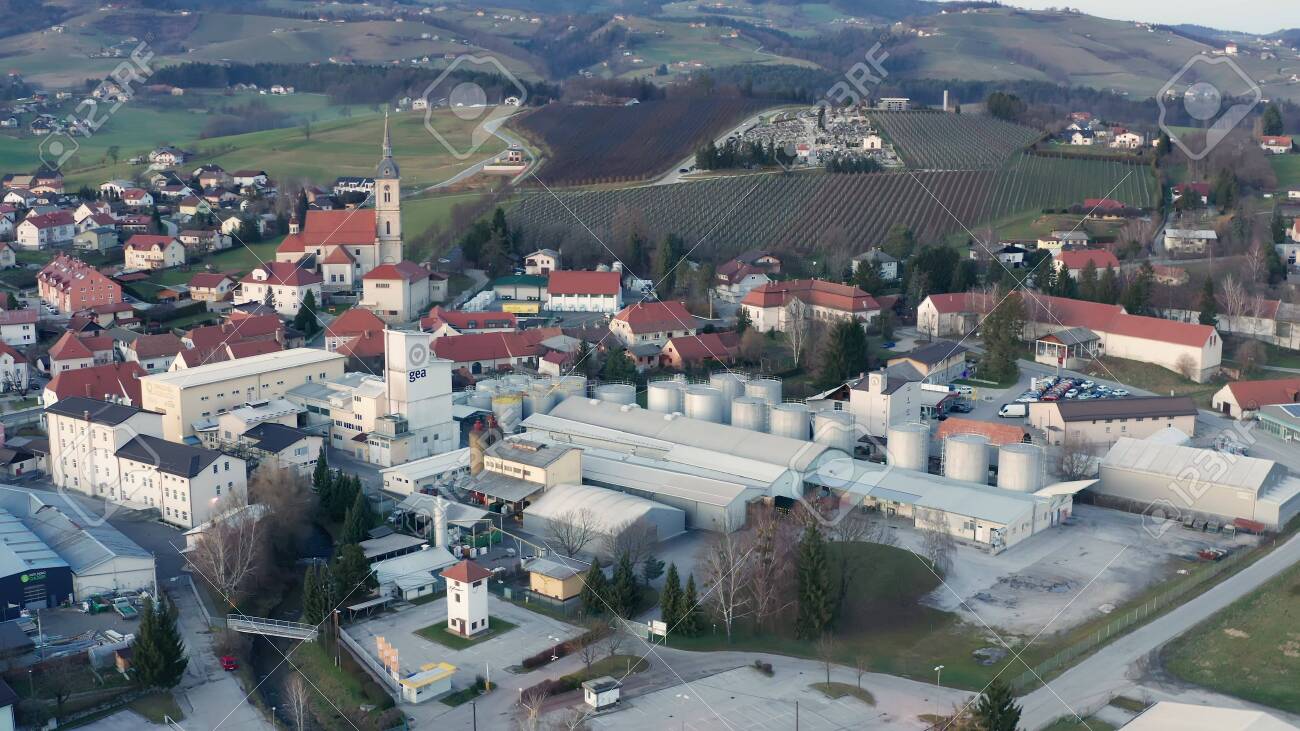 Slovenska Bistrica, Slovenia - Dec 25 2019: Aerial view of Gea Oil Mill in Slovenska Bistrica, Slovenia - 137012204 Slovenska Bistrica, Slovenia - Dec 25 2019: Aerial view of Gea Oil Mill in Slovenska Bistrica, Slovenia - 137012204