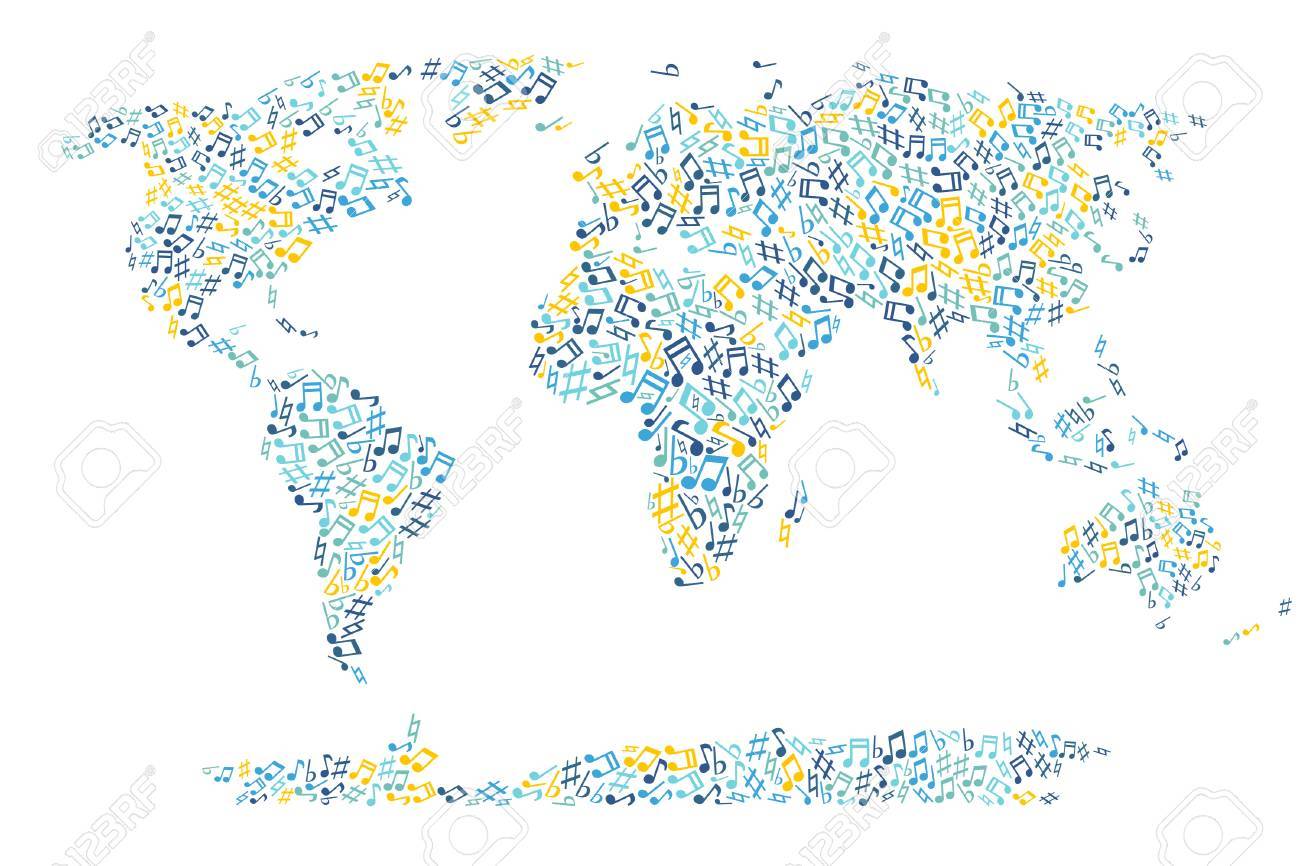 music map of the world World Map Composed Out Of Music Symbols World Music Concept music map of the world