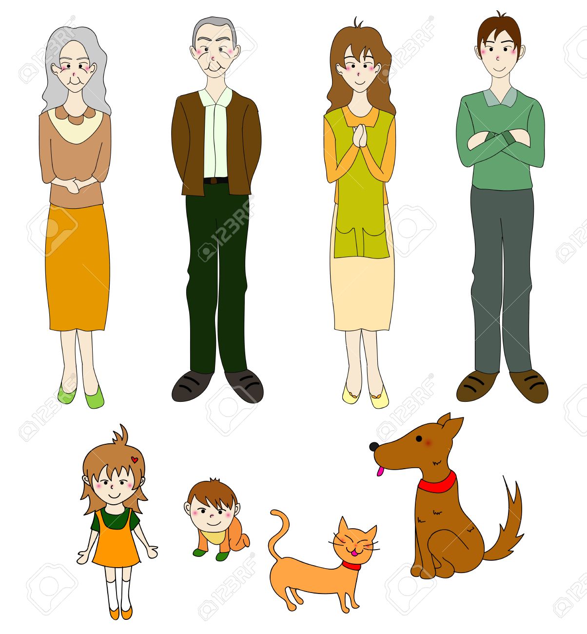 Trois Familys Génération Avec Chien Chat En Couleur Illustration Dessin