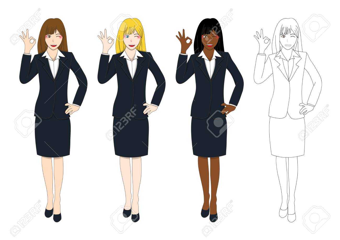 かわいいビジネス女性 Ok の手話を示すを設定します 白背景に分離された完全体ベクトル図のイラスト素材 ベクタ Image