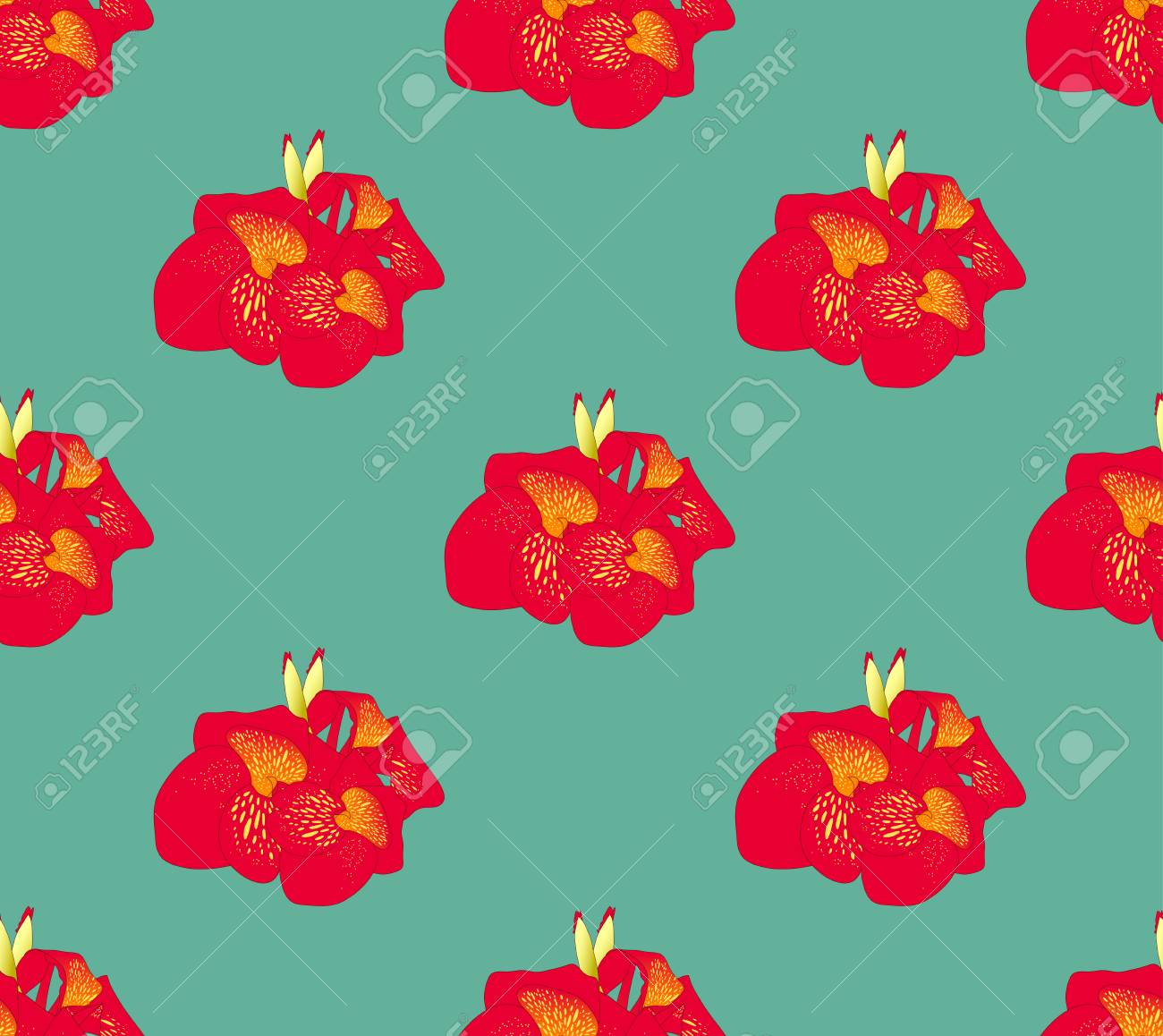 緑のティールの背景に赤いカンナリリーの花シームレス ベクトルイラストレーション のイラスト素材 ベクタ Image