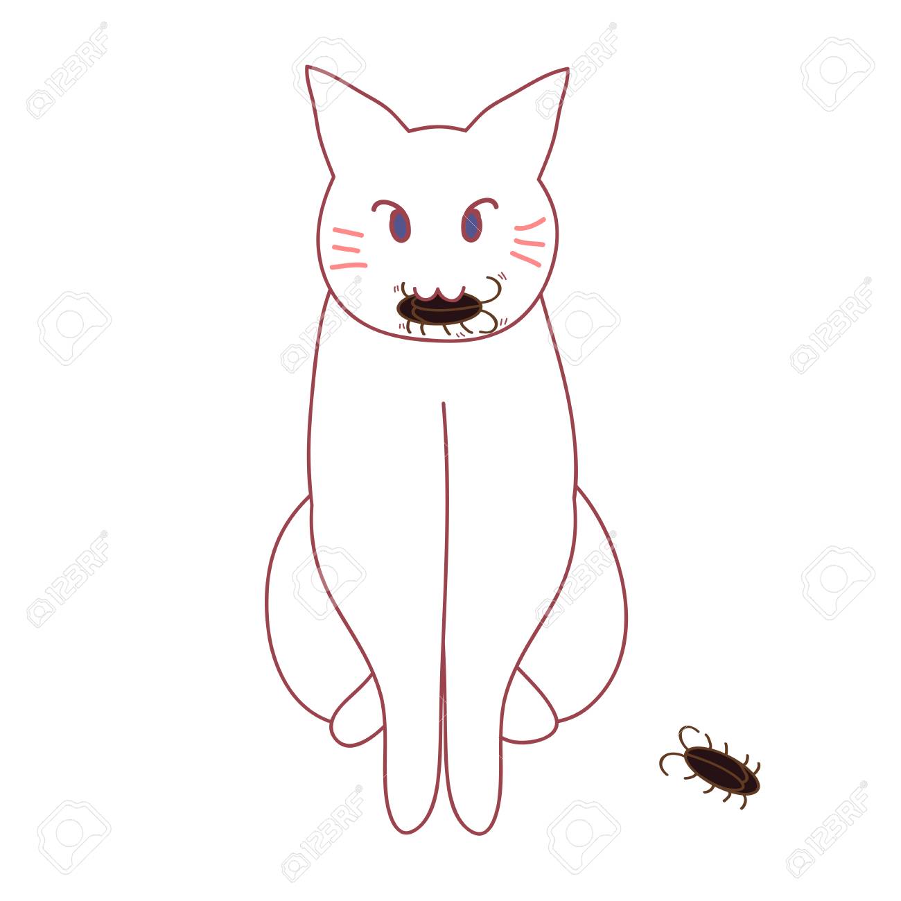 猫の狩猟のゴキブリ。ベクトルの図。白背景に分離されました。 の