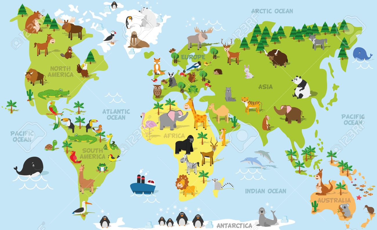 Funny cartoon world map with traditional animals of all the continents and oceans. Vector illustration for preschool education and kids design - 51545406 Funny cartoon world map with traditional animals of all the continents and oceans. Vector illustration for preschool education and kids design - 51545406