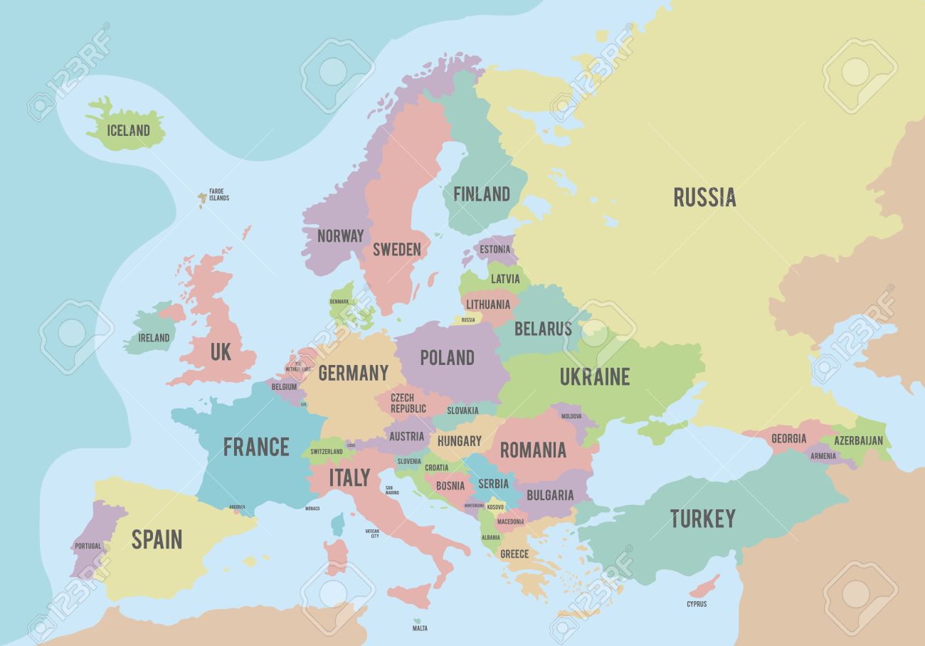 political map of europe with different colors for each country and names in english vector