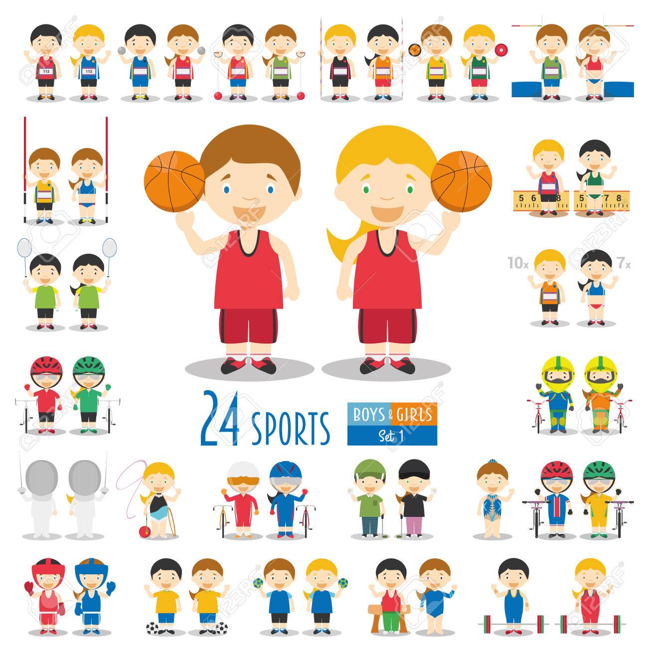 漫画のスタイル 男の子と女の子の文字24 の異なるスポーツ 46 の異なるスポーツ文字セット 1 スポーツ ベクトル イラスト
