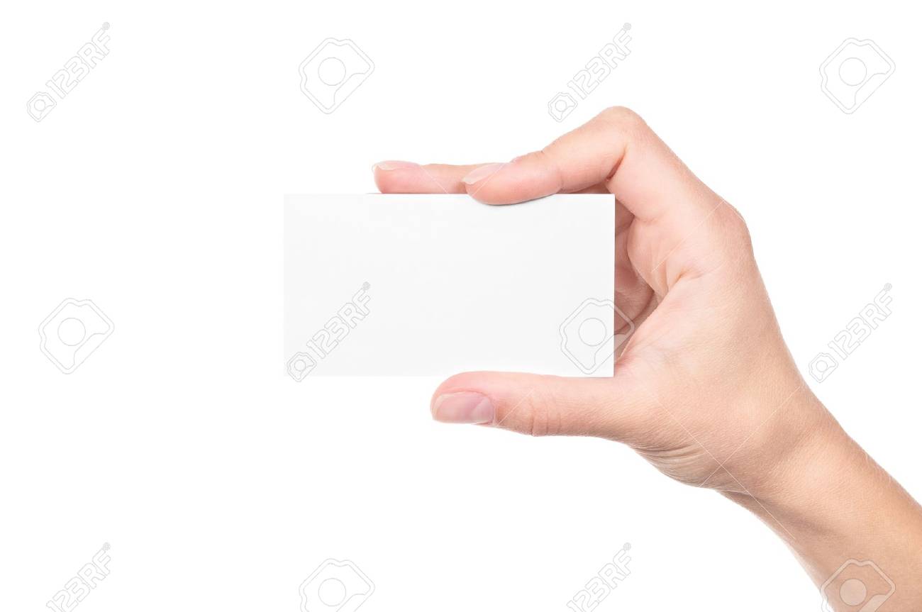 hand holding an empty business card over white empty business cards