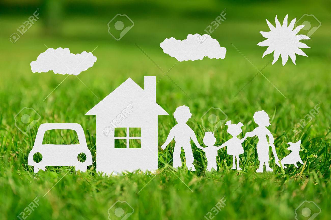 Paper cut of family with house and car on green grass - 38973594 Paper cut of family with house and car on green grass - 38973594
