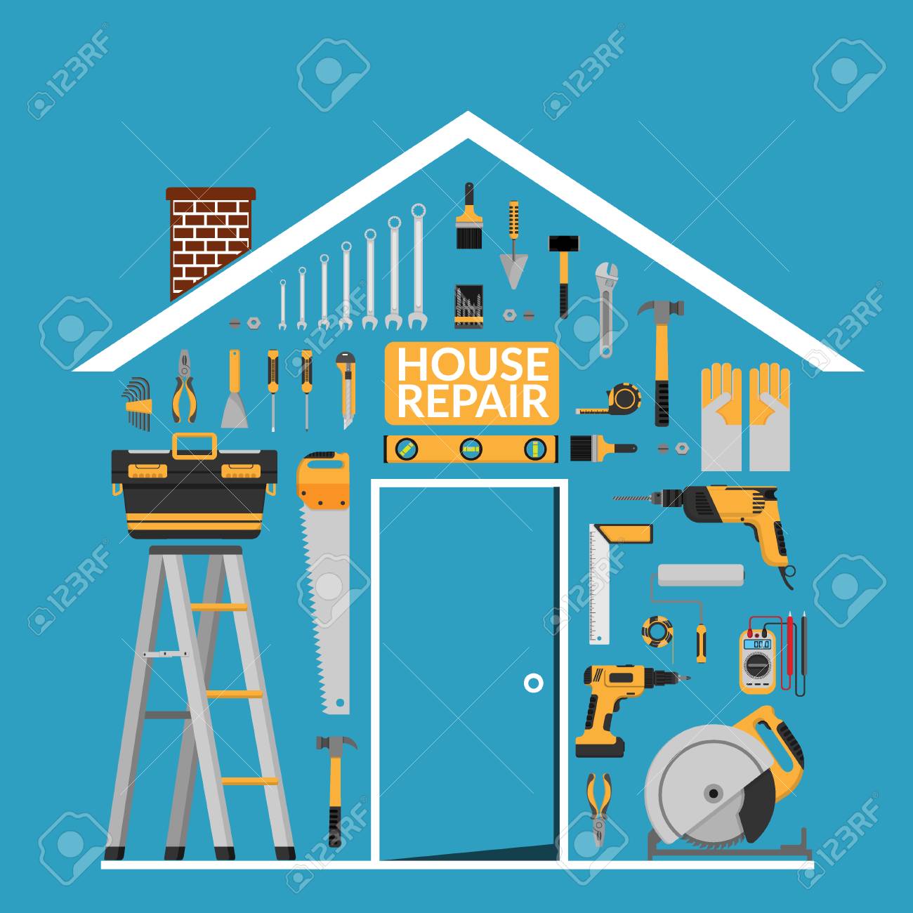 Set Of Diy Home Repair Working Tools Vector Logo Design Template Under Roof In Home Shape