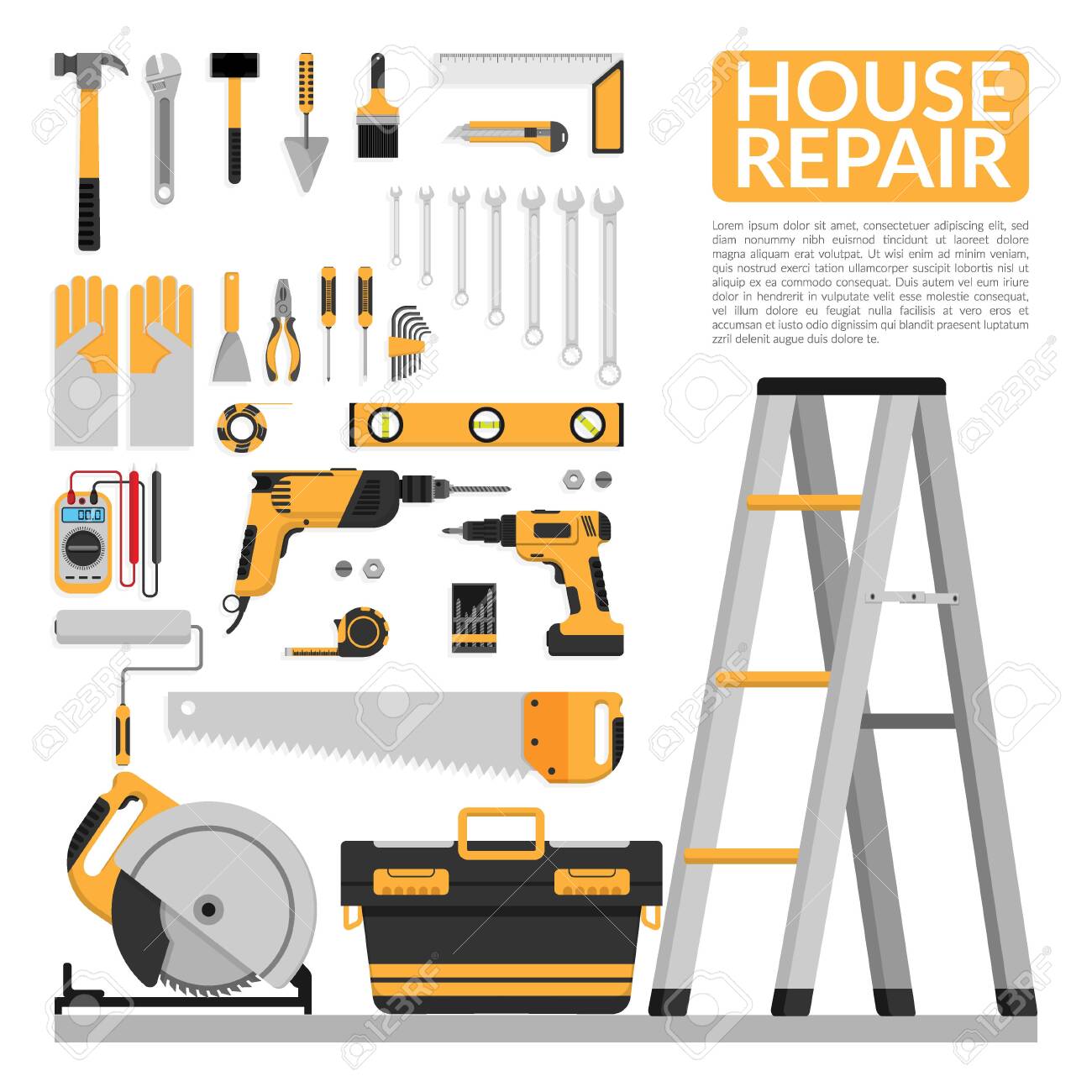 Set Of DIY Home Repair Working Tools Vector Logo Design Template. Home  Repair Banner, Construction , Repair Icons. Hand Tools For Home Renovation  & Construction. Flat Design, EPS10 Vector Illustration Клипарты, SVG,