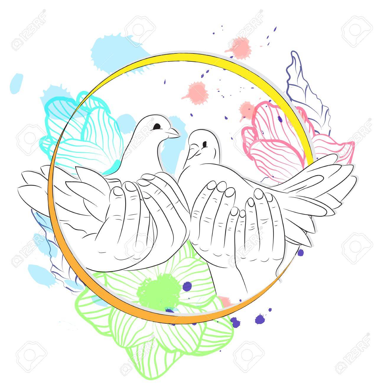 太陽の大きな愛』 白い鳩と花の絵画