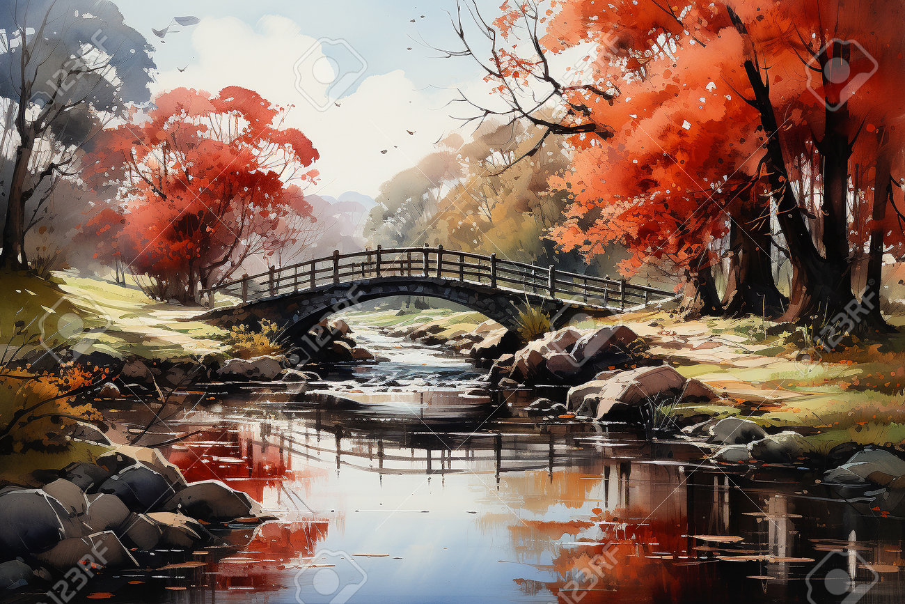 秋の風景 水彩画 赤い橋 （橋と川のデジタル水彩画を持つ秋の