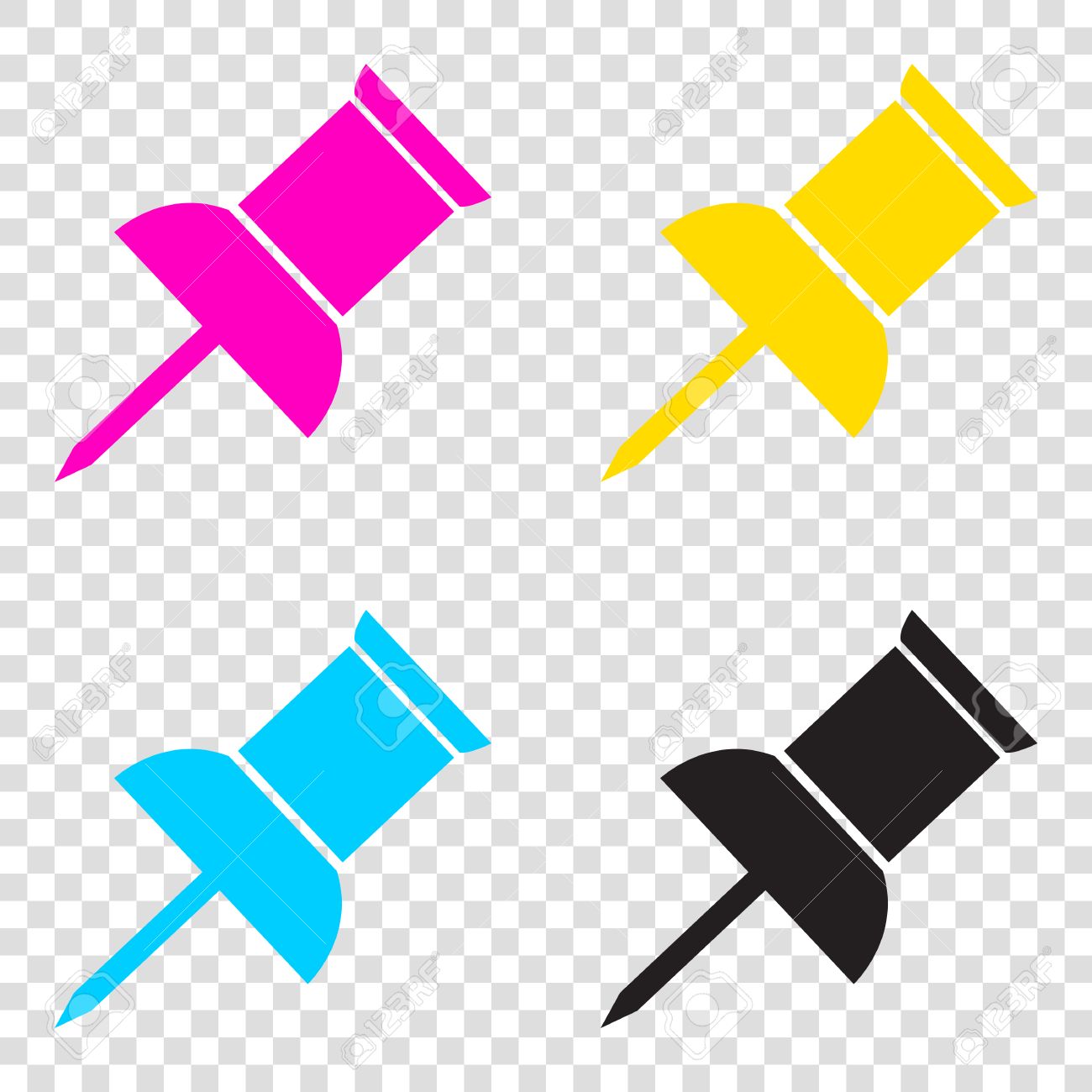 Pin Push Sign Cmyk Icons On Transparent Background Cyan Magenta Yellow Key Black Royalty Free Cliparts Vectors And Stock Illustration Image