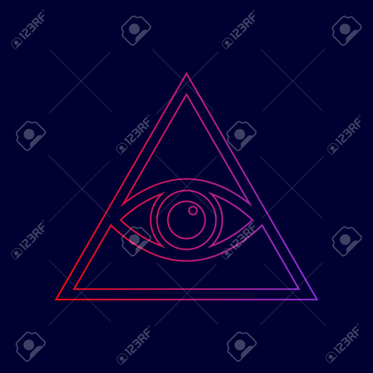 すべて見る目ピラミッド シンボル フリーメーソンと精神的な ベクトル 赤から暗い青色の背景に紫の色へのグラデーションとライン アイコン のイラスト素材 ベクタ Image