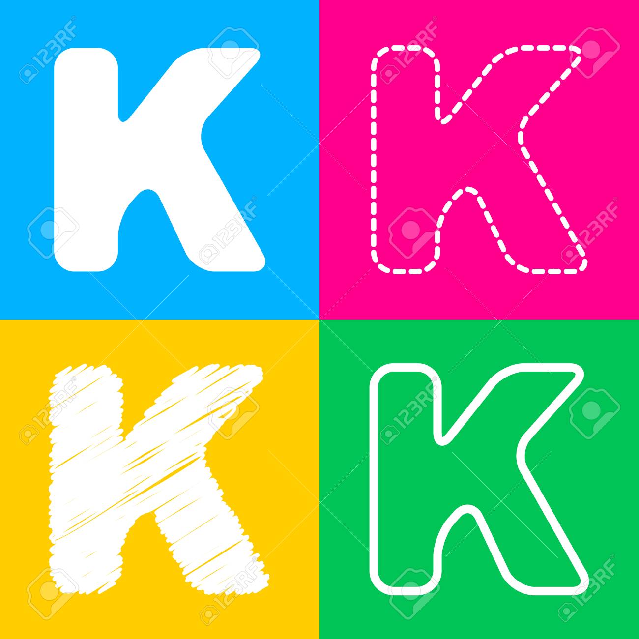 手紙 K サインはデザイン テンプレートの要素です 4 つの色の正方形のアイコンの 4 つのスタイル のイラスト素材 ベクタ Image