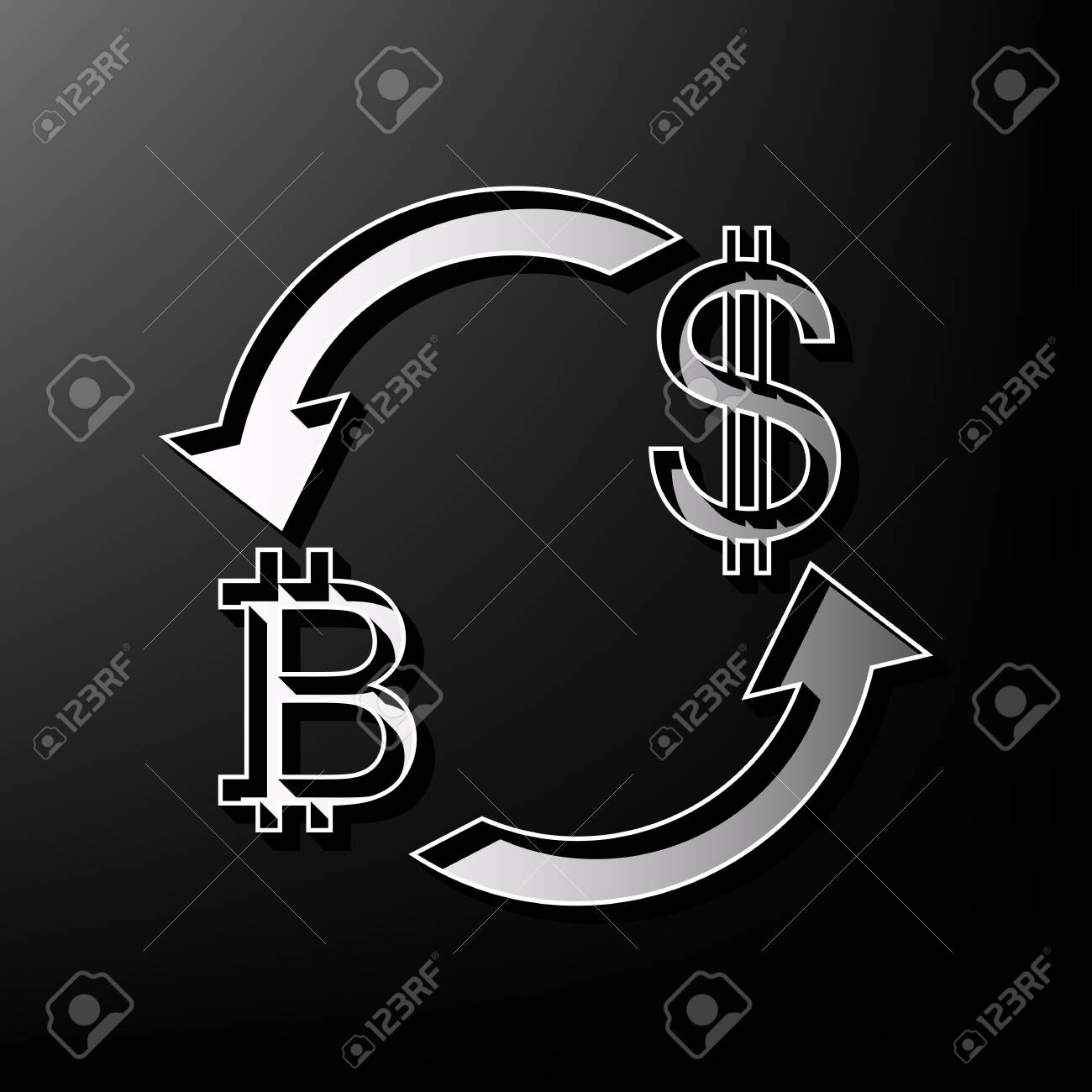 Signo De Cambio De Moneda Bitcoin Y El Dólar Estadounidense. Vector. Icono  Impreso 3d Gris Sobre Fondo Negro. Ilustraciones svg, vectoriales, clip art  vectorizado libre de derechos. Image 81878304