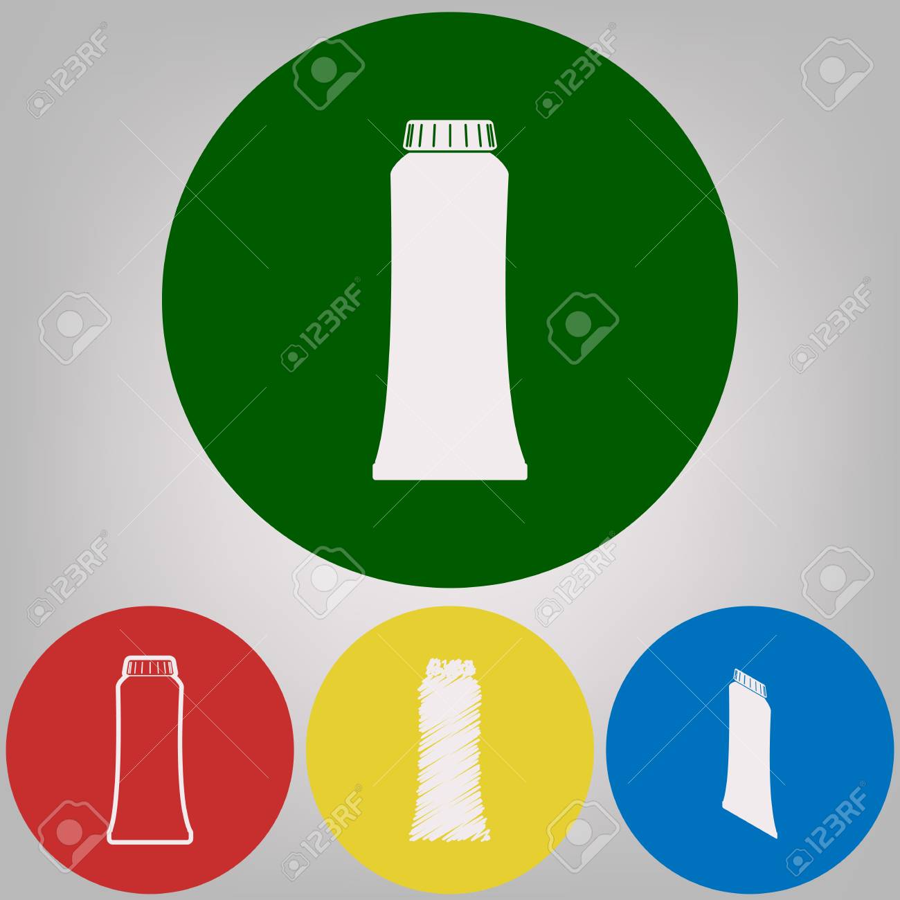 Ilustración De Signo De Tubo De Crema Dental Vector 4 Estilos Blancos Del Icono En 4 Círculos De Colores Sobre Fondo Gris Claro