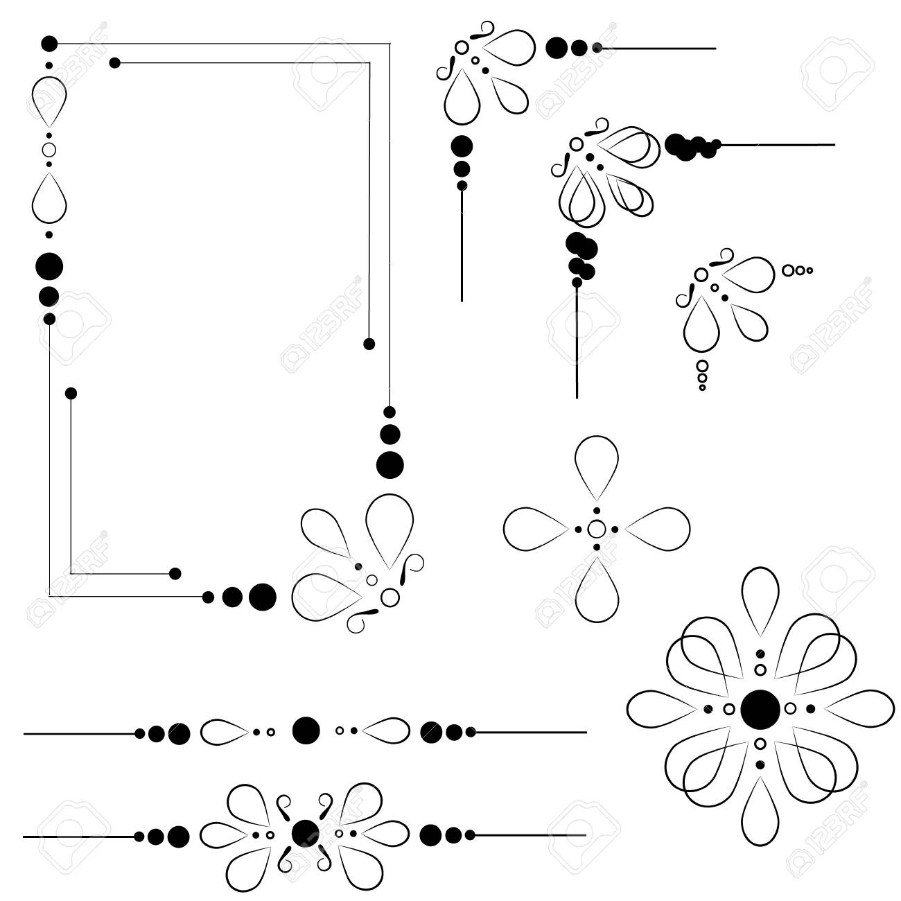 set of ornate line art frames and borders black outline elements
