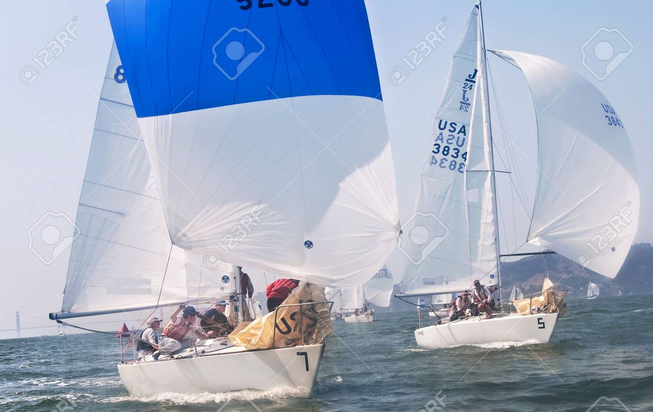 SAN FRANCISCO - SEPT 27, 2009: the 8th race of the J/24 US National Championship. #7, Bogus, races ahead and wins the championship. - 6890423 SAN FRANCISCO - SEPT 27, 2009: the 8th race of the J/24 US National Championship. #7, Bogus, races ahead and wins the championship. - 6890423