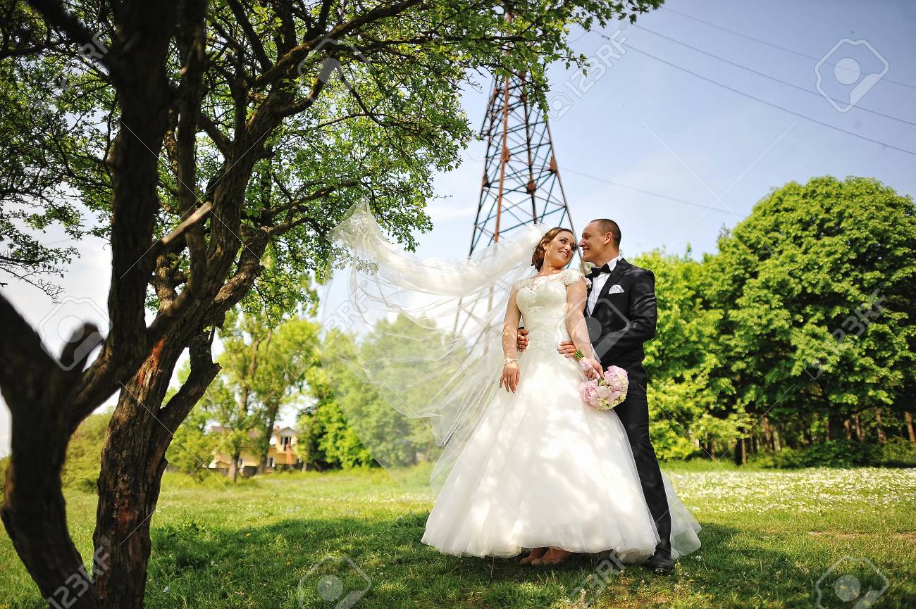 幸せの結婚式おしゃれな背景電気タワー お互いを探している花嫁のベールを風プレイ の写真素材 画像素材 Image
