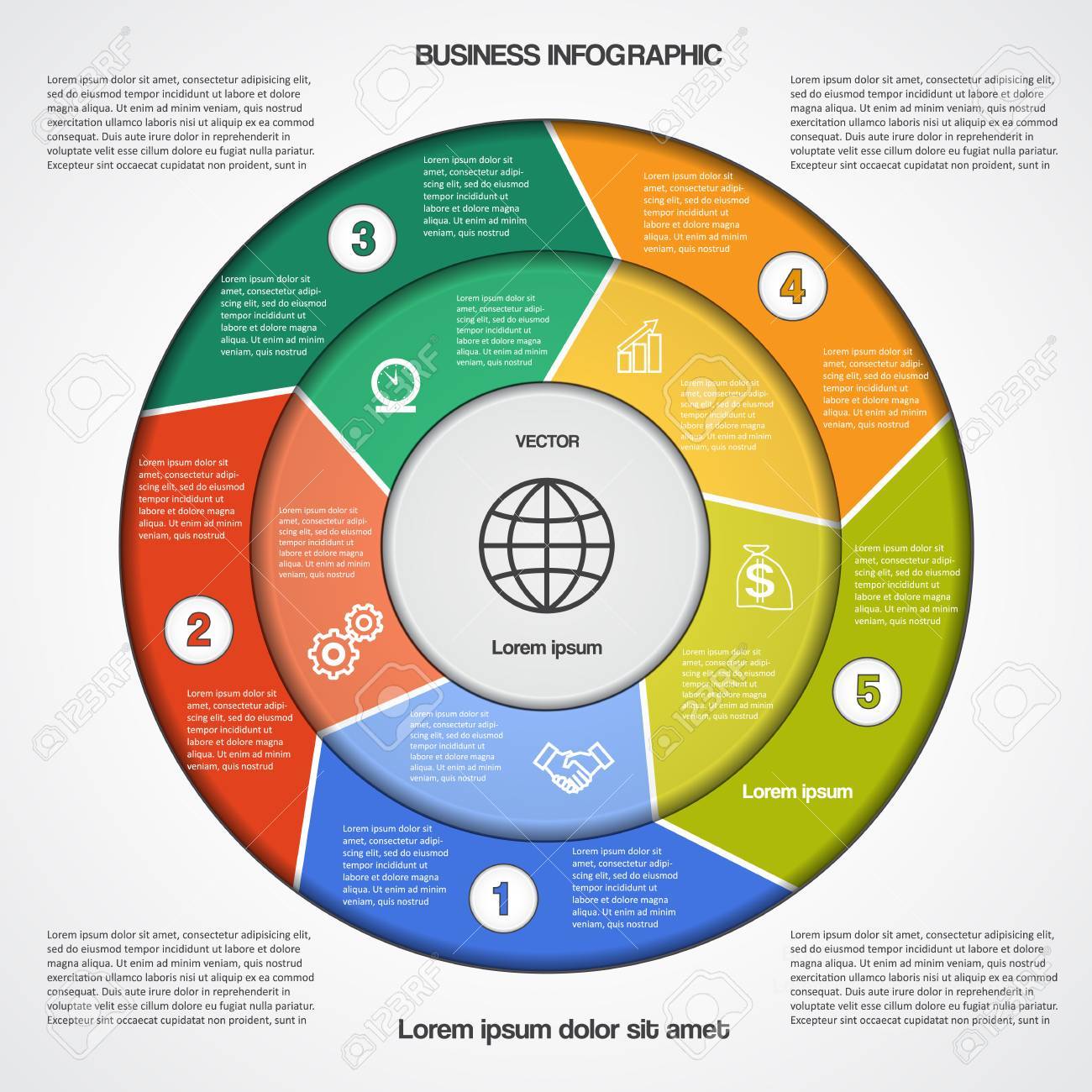 business circular infographic template with text areas on five circular infographic