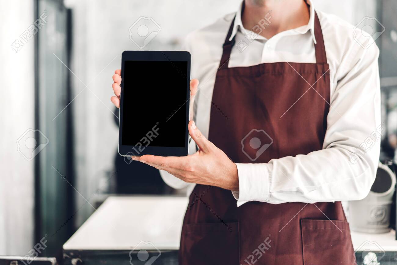 Download Portrait Of Barista Man Small Business Owner Standing With Tablet Stock Photo Picture And Royalty Free Image Image 121649097